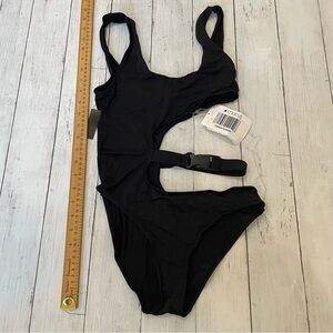 Glitter Womens swimsuit cut out belt S black goth